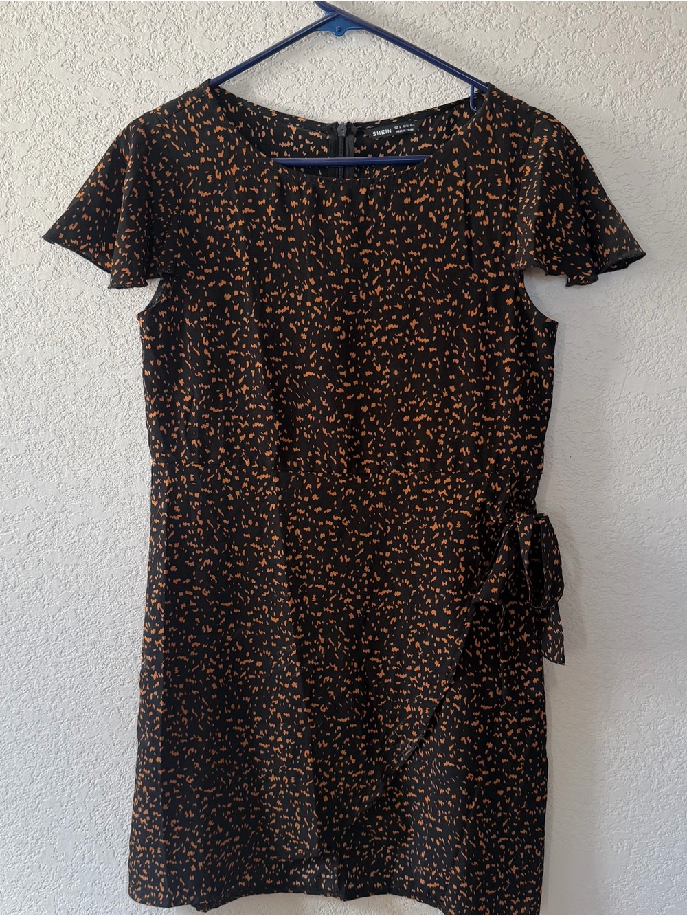 Black Dress with Orange Print Tie-Waist